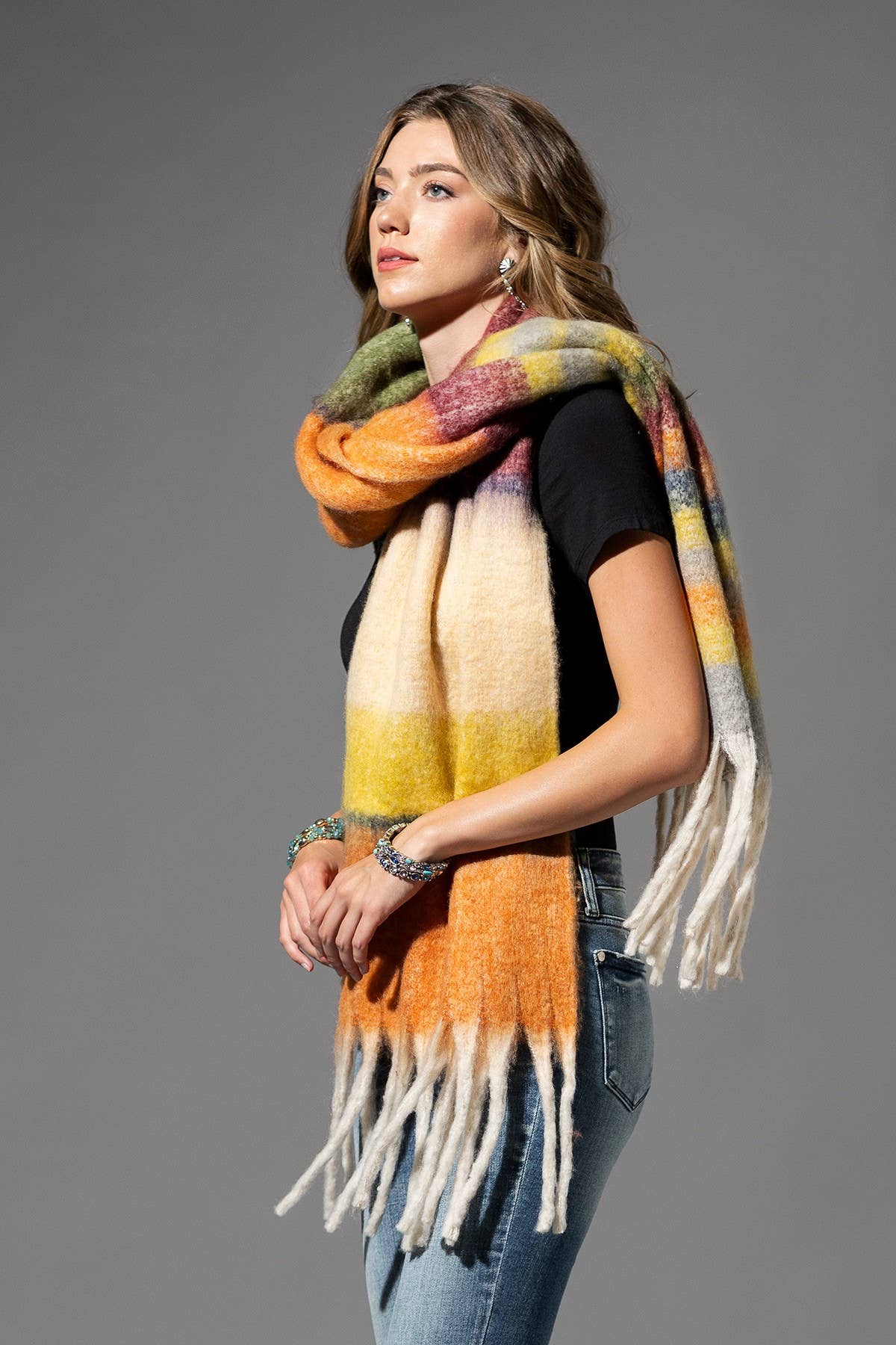 Brushed Multi Stripe Oblong Scarf with Fringe