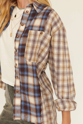 Woven Contrast Plaid Front Pocket Button Shirt: CREAM-BROWN / S