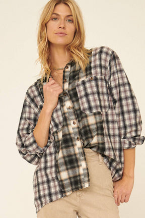 Woven Contrast Plaid Front Pocket Button Shirt: CREAM-BROWN / S