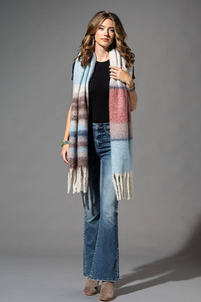 Brushed Multi Stripe Oblong Scarf with Fringe