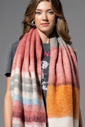 Brushed Multi Stripe Oblong Scarf with Fringe