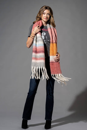 Brushed Multi Stripe Oblong Scarf with Fringe