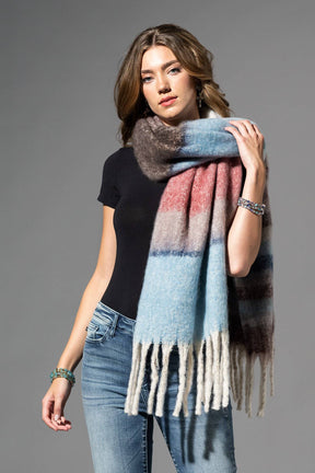 Brushed Multi Stripe Oblong Scarf with Fringe