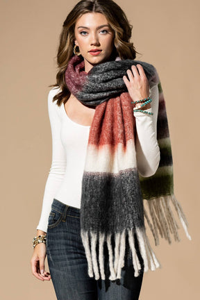 Brushed Multi Stripe Oblong Scarf with Fringe