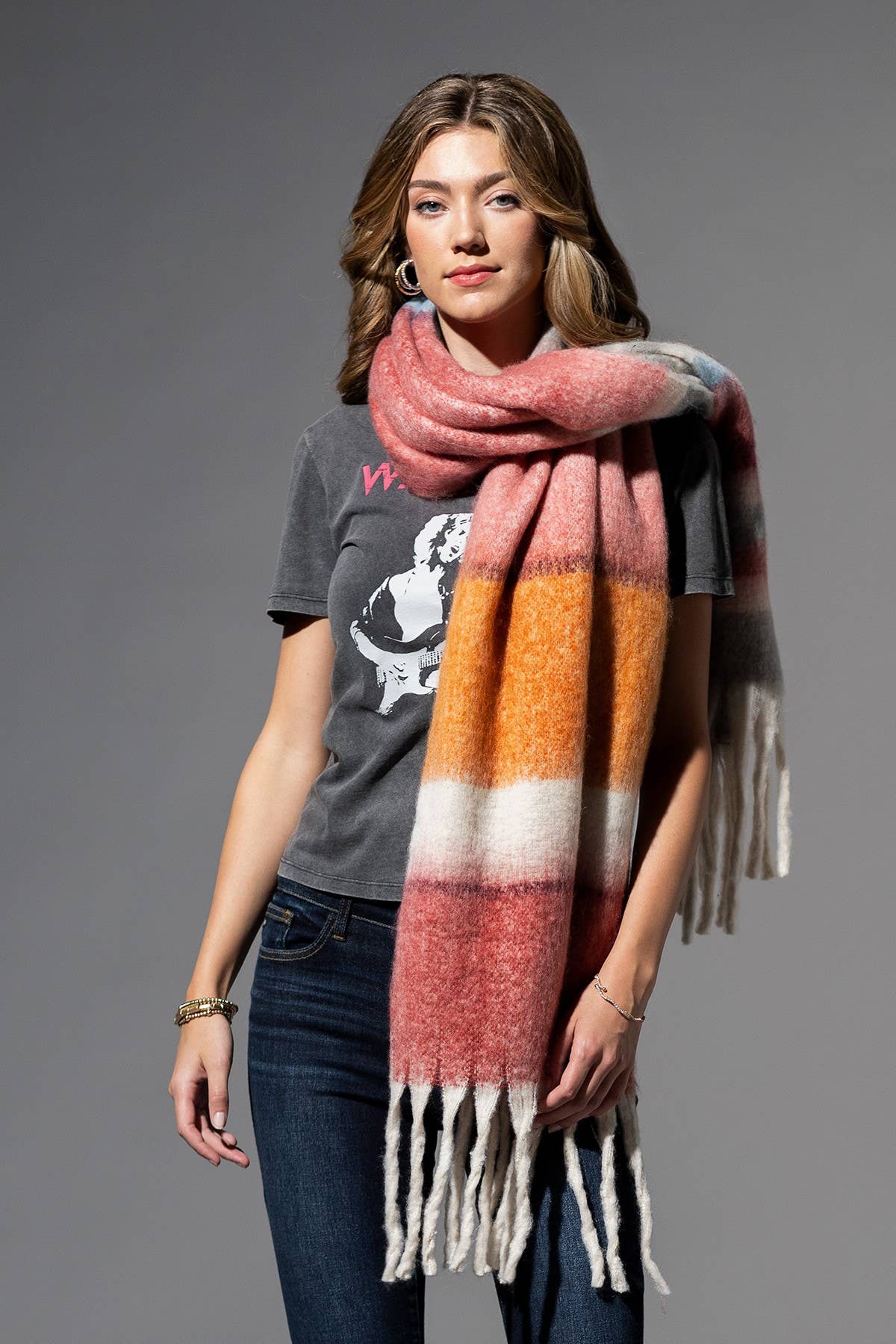 Brushed Multi Stripe Oblong Scarf with Fringe