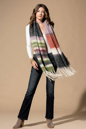 Brushed Multi Stripe Oblong Scarf with Fringe