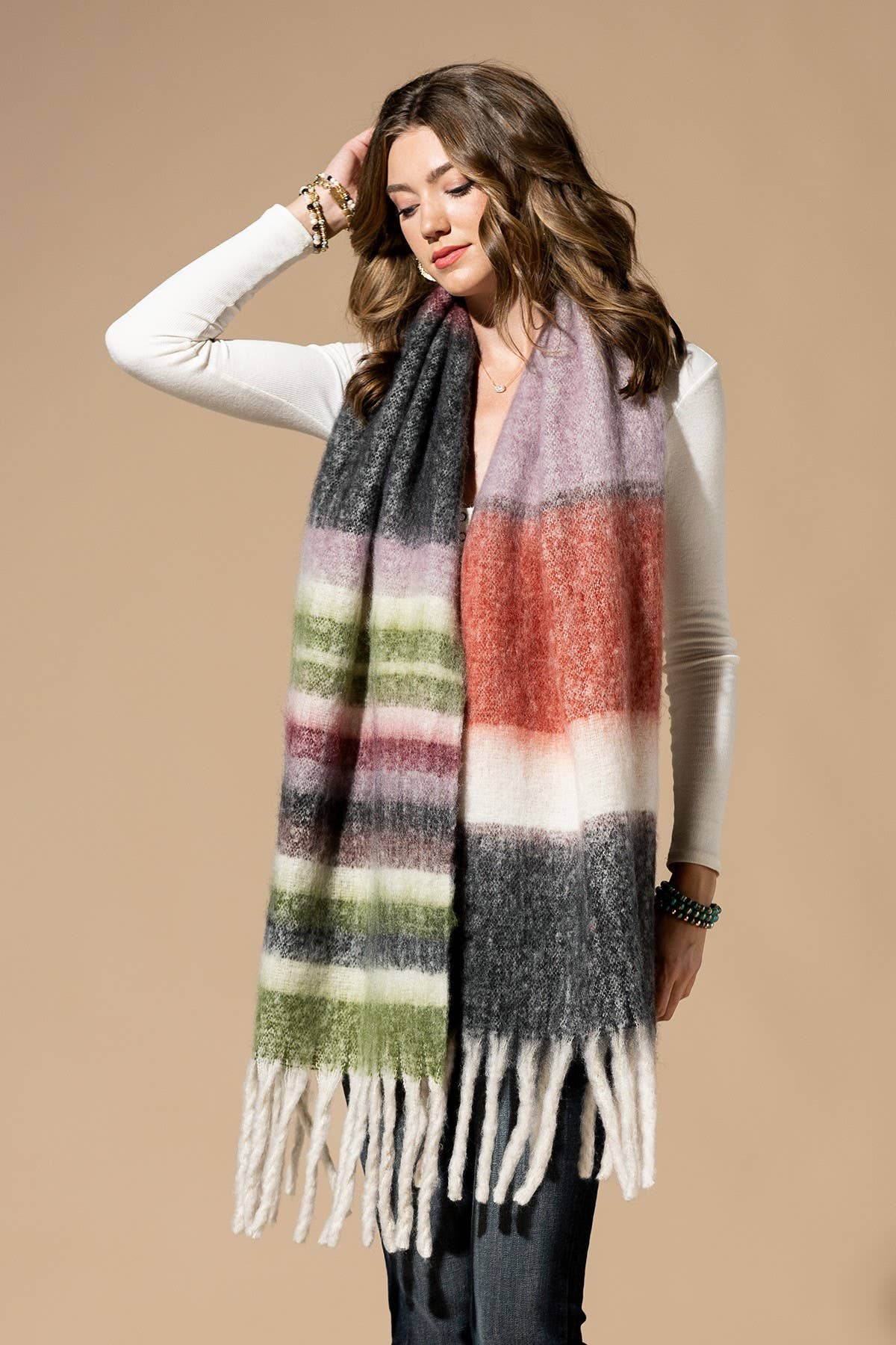 Brushed Multi Stripe Oblong Scarf with Fringe