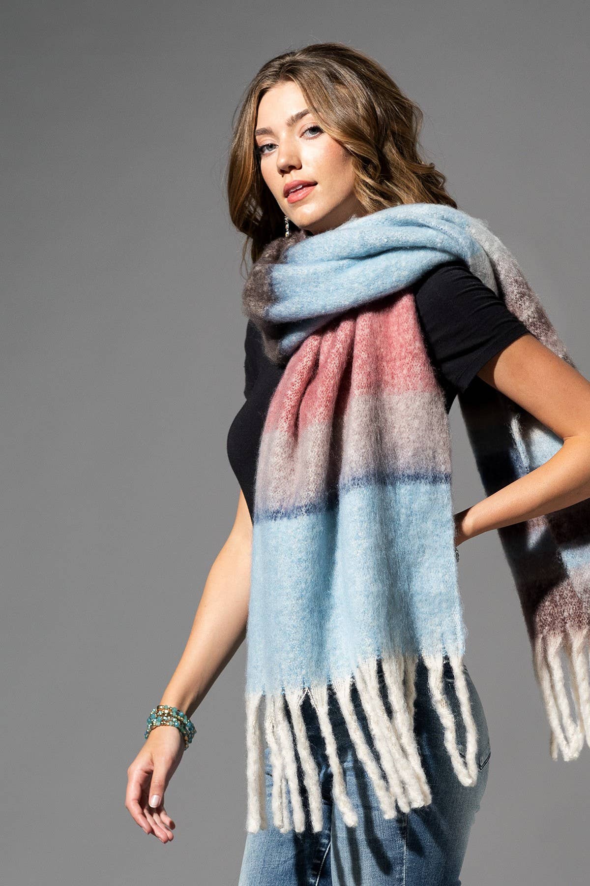 Brushed Multi Stripe Oblong Scarf with Fringe