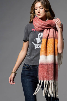 Brushed Multi Stripe Oblong Scarf with Fringe