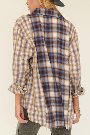 Woven Contrast Plaid Front Pocket Button Shirt: CREAM-BROWN / S