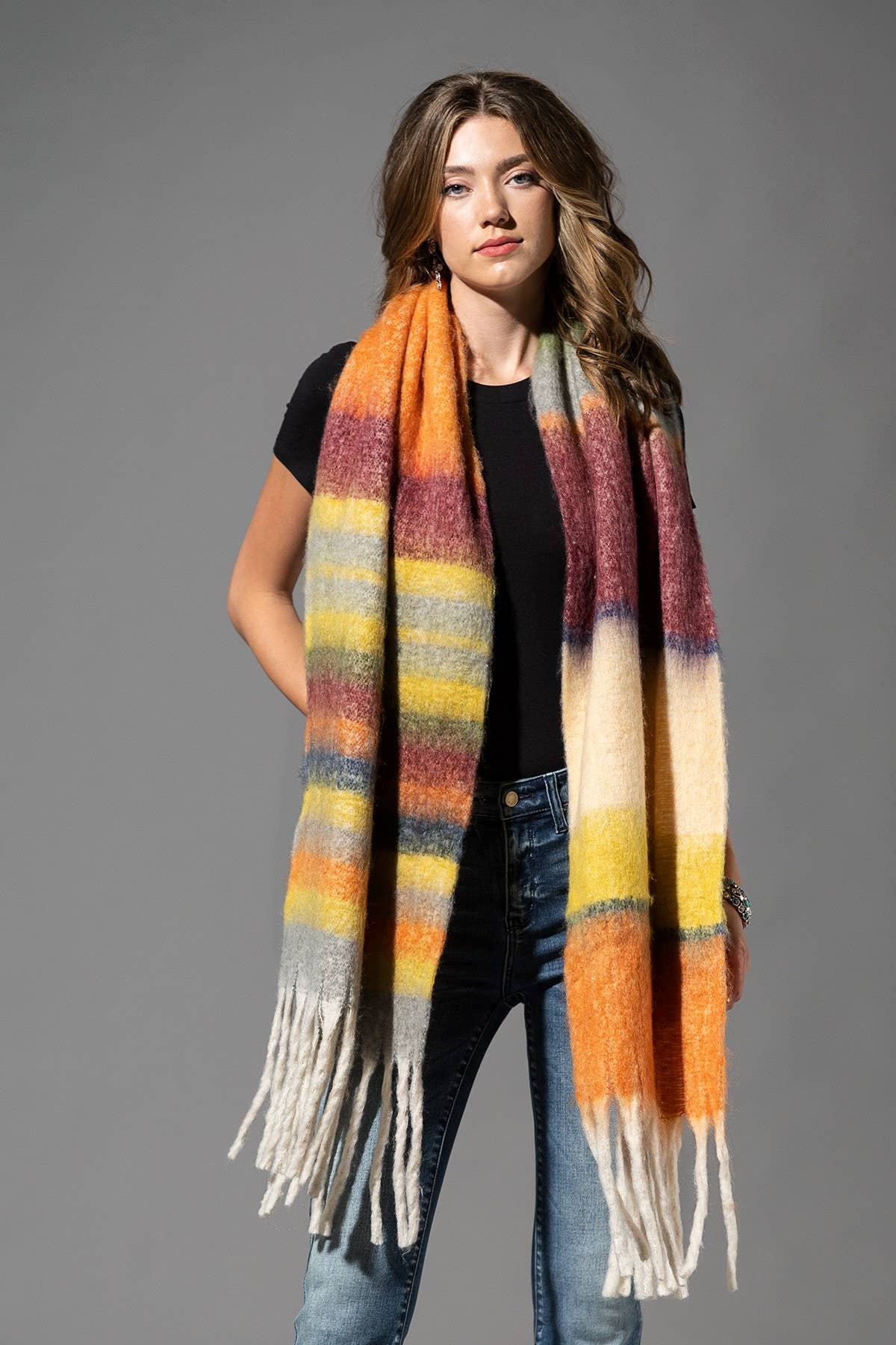 Brushed Multi Stripe Oblong Scarf with Fringe