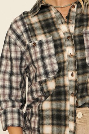 Woven Contrast Plaid Front Pocket Button Shirt: CREAM-BROWN / S