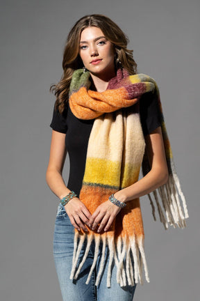 Brushed Multi Stripe Oblong Scarf with Fringe