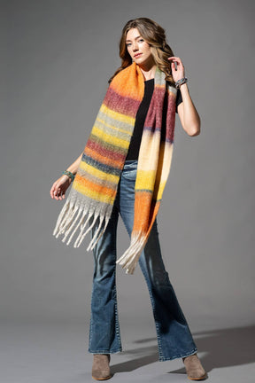 Brushed Multi Stripe Oblong Scarf with Fringe