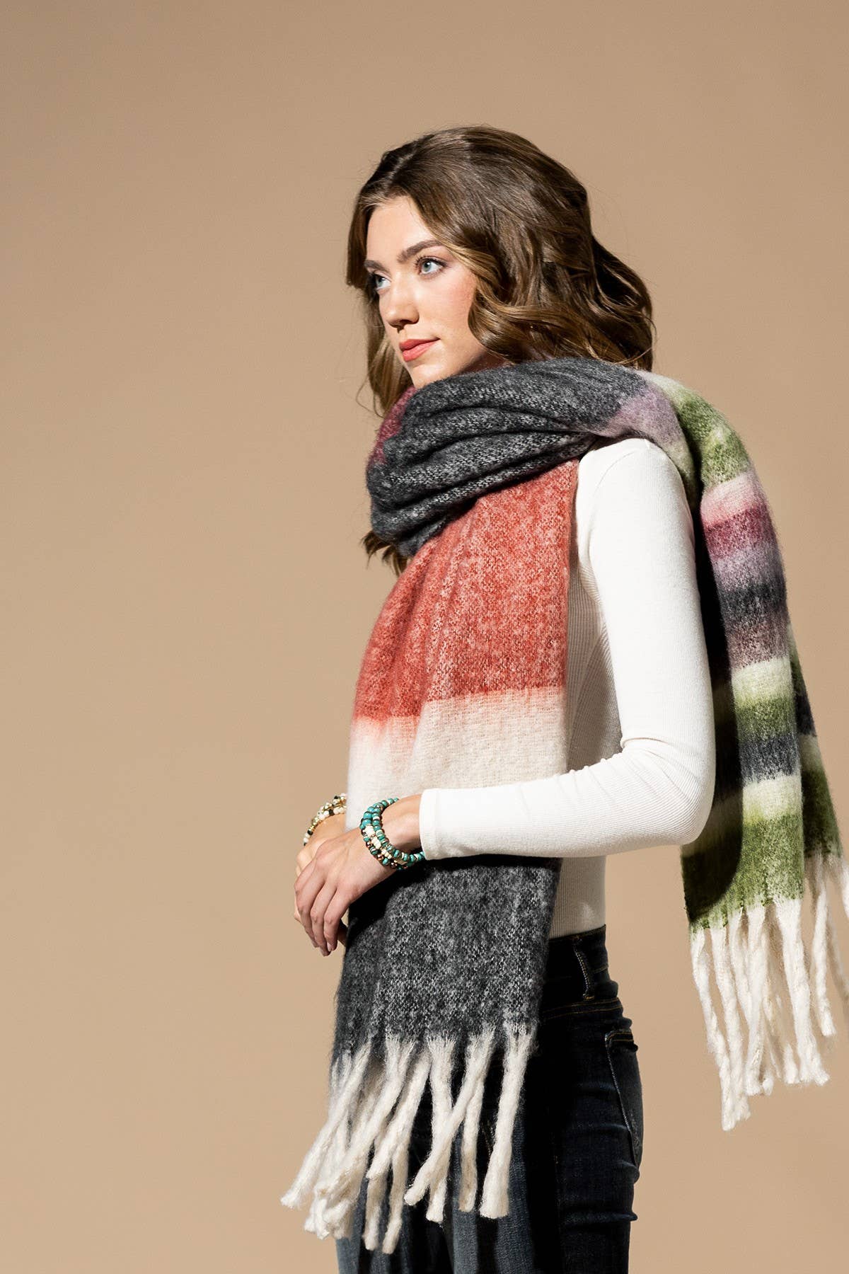 Brushed Multi Stripe Oblong Scarf with Fringe