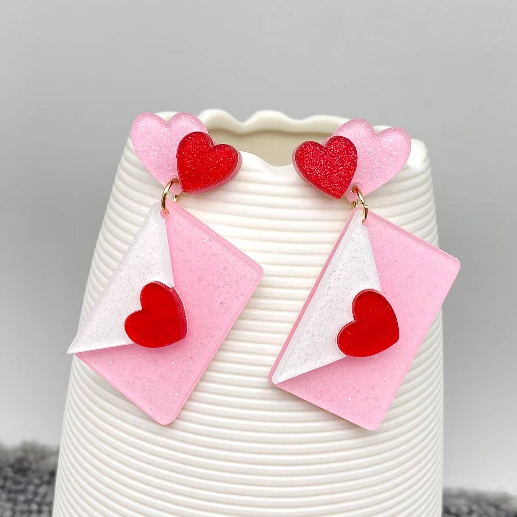 Acrylic Pink Heart Envelope Post Earrings Valentine's Day Gift