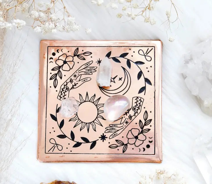 Copper Crystal Charging Plate - Sun, Moon, Plant Design