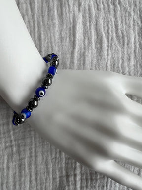 Hematite and Evil Eye Bracelet on wrist